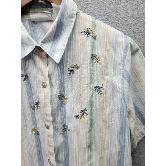 Alfred Dunner Petite 14P Womens Striped Embroidered Button-Up Blouse Short Sleev - Picture 2 of 5